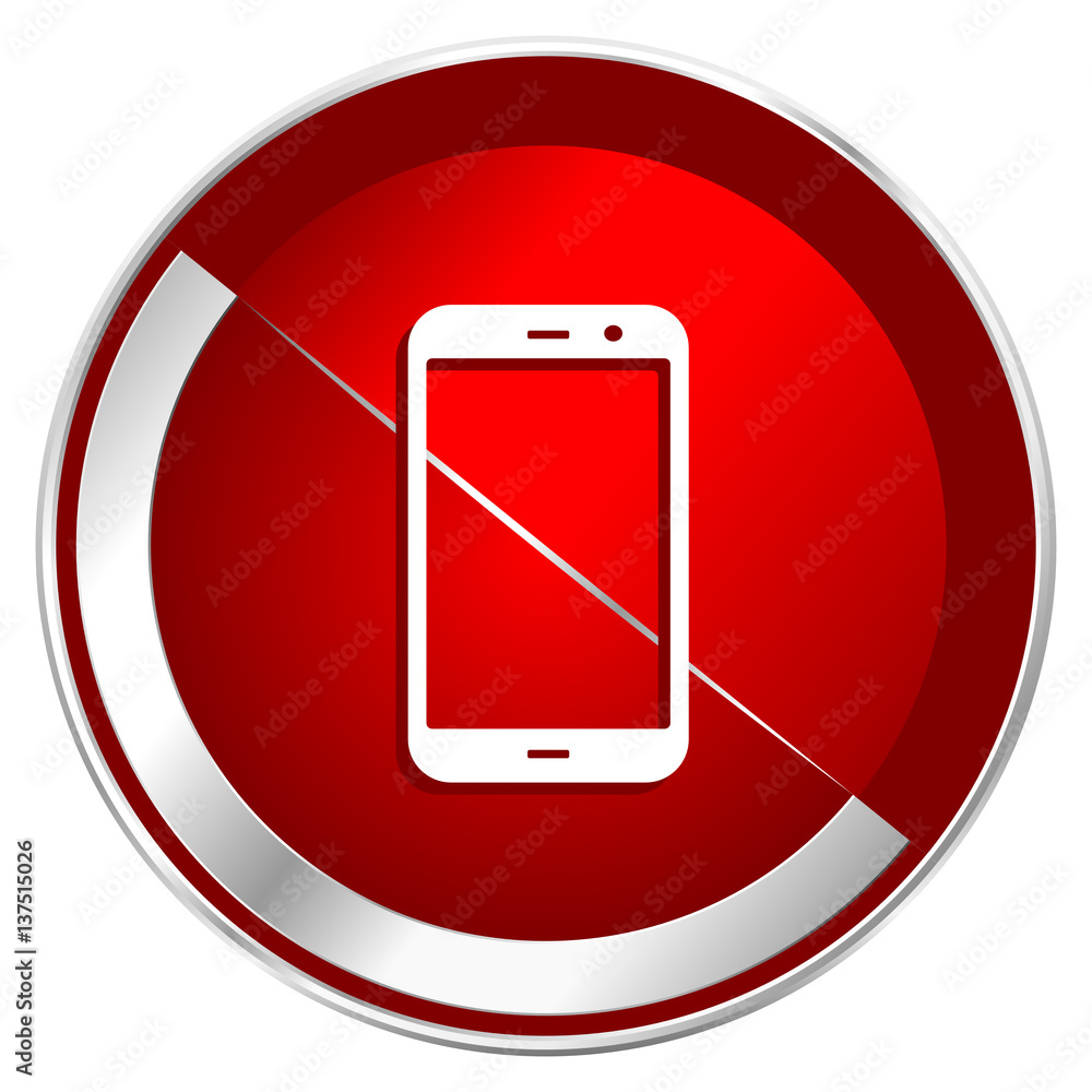 Smartphone red web icon. Metal shine silver chrome border round button isolated on white background. Circle modern design abstract sign for smartphone applications. Smartphone red web icon. Metal shine silver chrome border round button isolated on white background. Circle modern design abstract sign for smartphone applications.