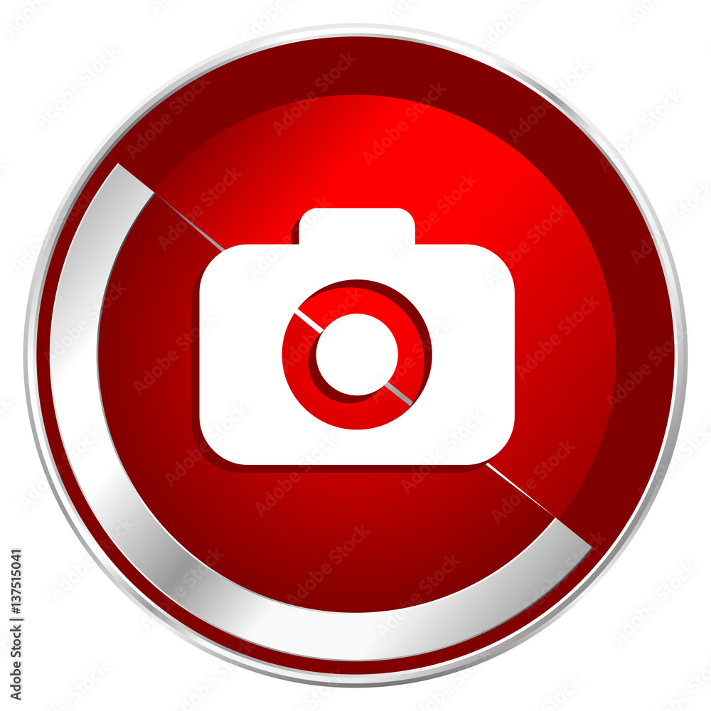 Photo camera red web icon. Metal shine silver chrome border round button isolated on white background. Circle modern design abstract sign for smartphone applications. Photo camera red web icon. Metal shine silver chrome border round button isolated on white background. Circle modern design abstract sign for smartphone applications.