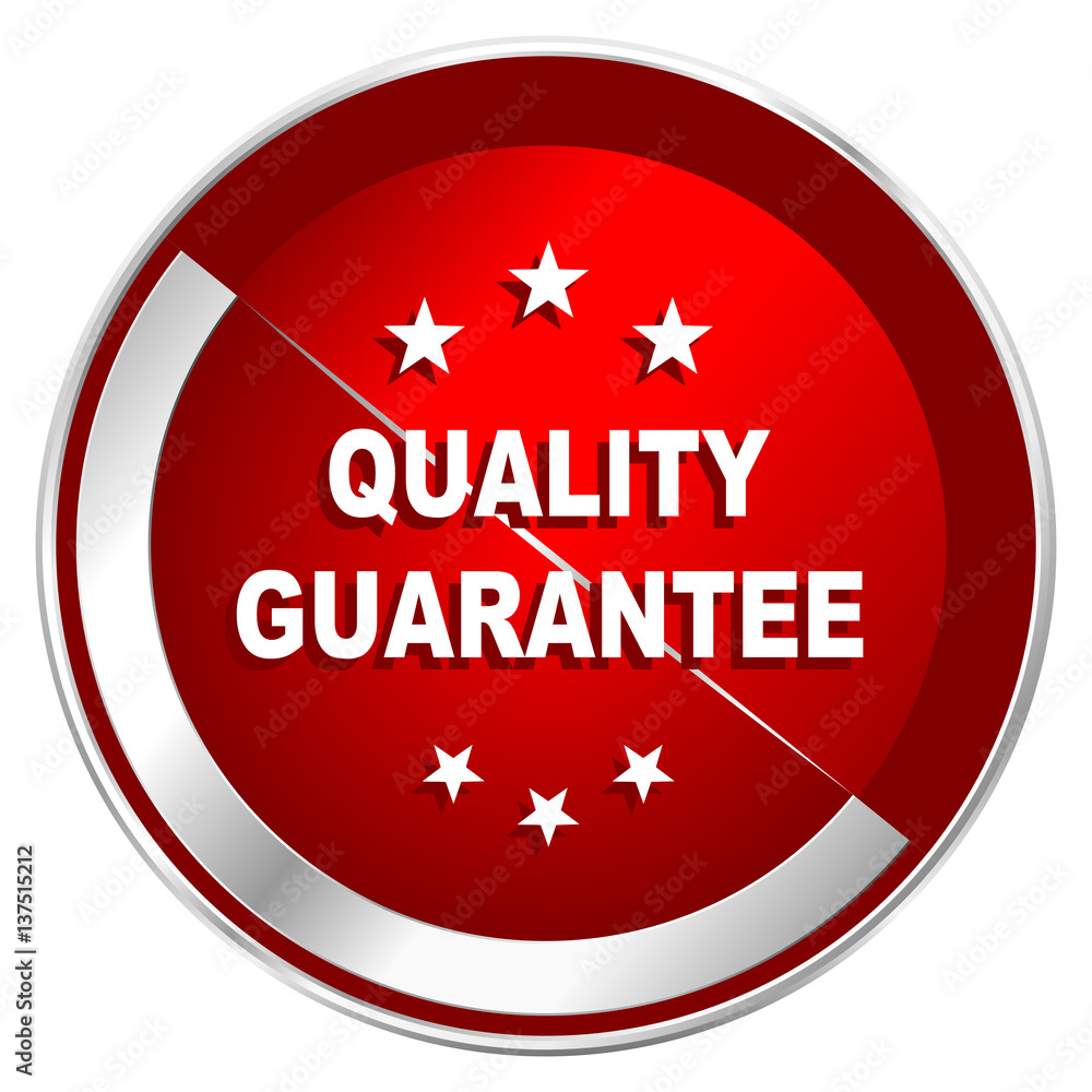 Quality guarantee red web icon. Metal shine silver chrome border round button isolated on white background. Circle modern design abstract sign for smartphone applications. Quality guarantee red web icon. Metal shine silver chrome border round button isolated on white background. Circle modern design abstract sign for smartphone applications.