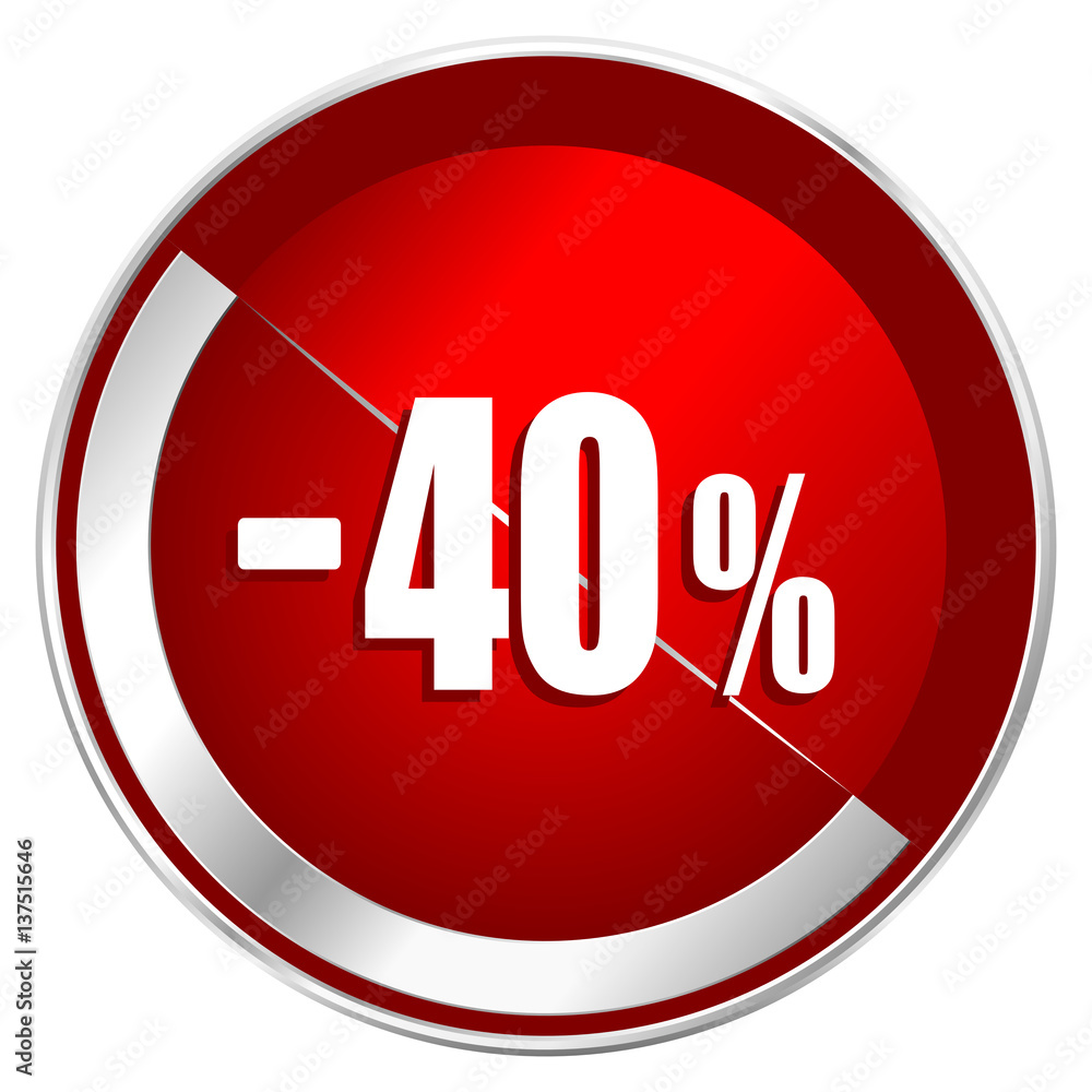 40 percent sale retail red web icon. Metal shine silver chrome border round button isolated on white background. Circle modern design abstract sign for smartphone applications. 40 percent sale retail red web icon. Metal shine silver chrome border round button isolated on white background. Circle modern design abstract sign for smartphone applications.