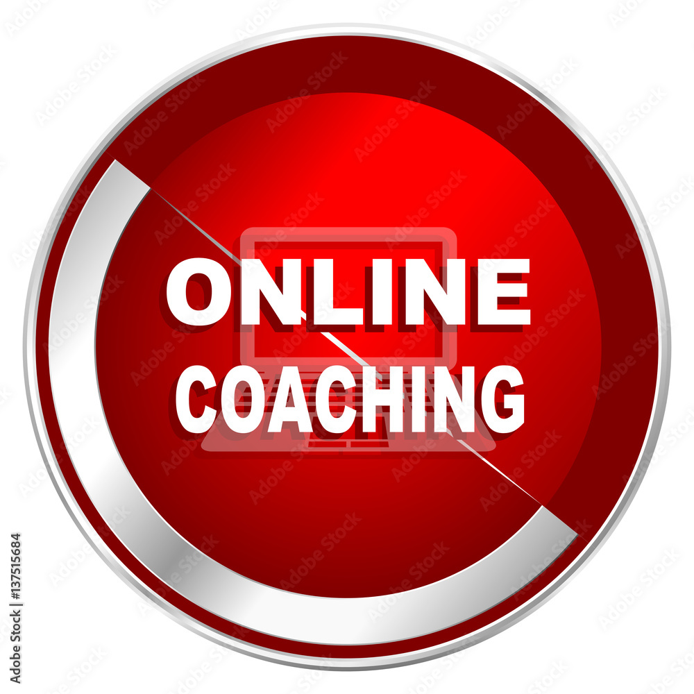 Online coaching red web icon. Metal shine silver chrome border round button isolated on white background. Circle modern design abstract sign for smartphone applications. Online coaching red web icon. Metal shine silver chrome border round button isolated on white background. Circle modern design abstract sign for smartphone applications.