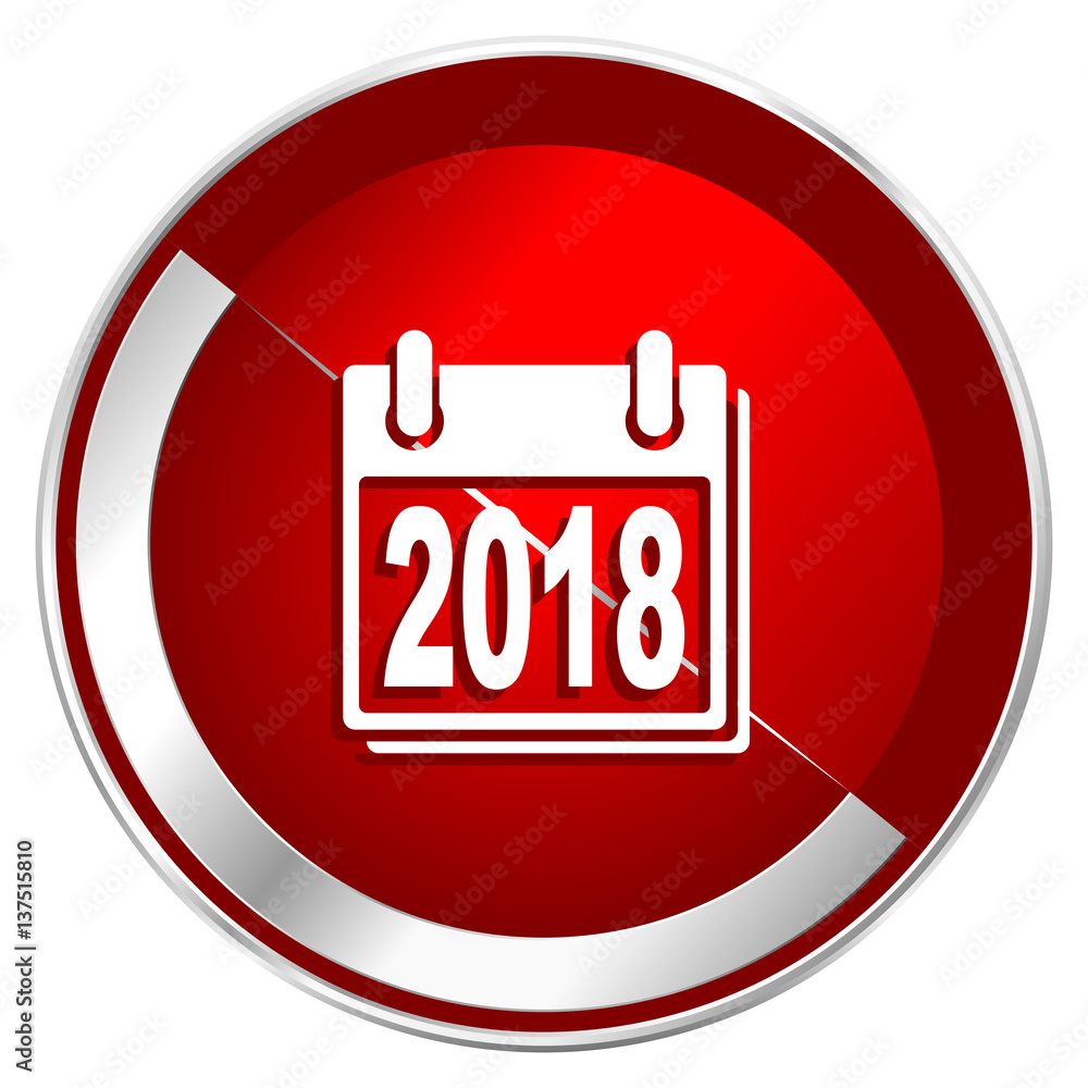 New year 2018 red web icon. Metal shine silver chrome border round button isolated on white background. Circle modern design abstract sign for smartphone applications. New year 2018 red web icon. Metal shine silver chrome border round button isolated on white background. Circle modern design abstract sign for smartphone applications.