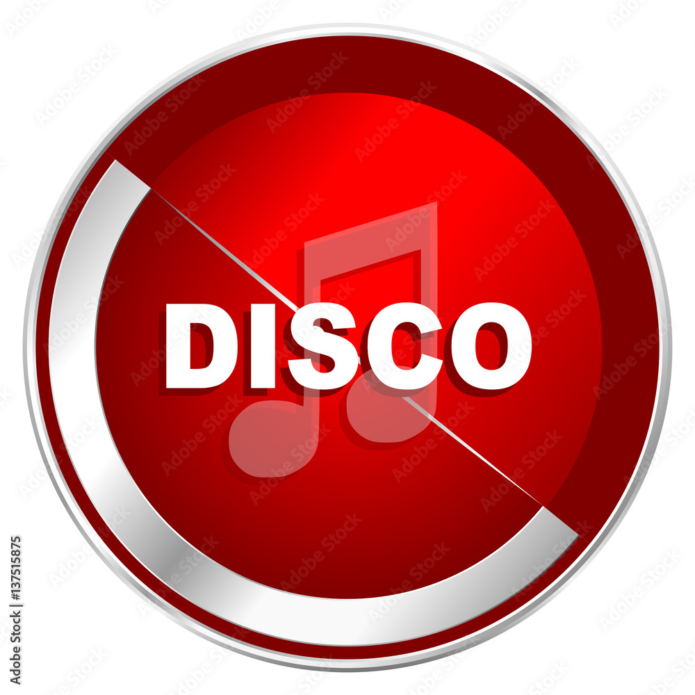 Disco music red web icon. Metal shine silver chrome border round button isolated on white background. Circle modern design abstract sign for smartphone applications. Disco music red web icon. Metal shine silver chrome border round button isolated on white background. Circle modern design abstract sign for smartphone applications.
