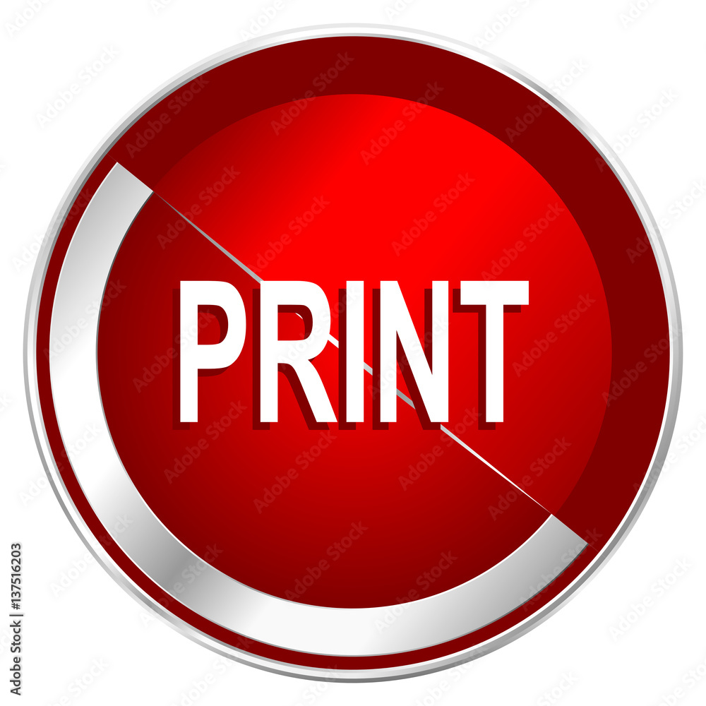 Print red web icon. Metal shine silver chrome border round button isolated on white background. Circle modern design abstract sign for smartphone applications. Print red web icon. Metal shine silver chrome border round button isolated on white background. Circle modern design abstract sign for smartphone applications.
