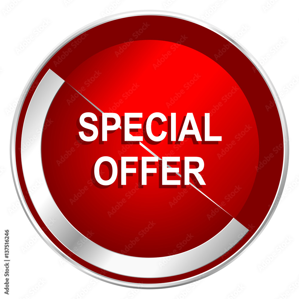 Special offer red web icon. Metal shine silver chrome border round button isolated on white background. Circle modern design abstract sign for smartphone applications. Special offer red web icon. Metal shine silver chrome border round button isolated on white background. Circle modern design abstract sign for smartphone applications.