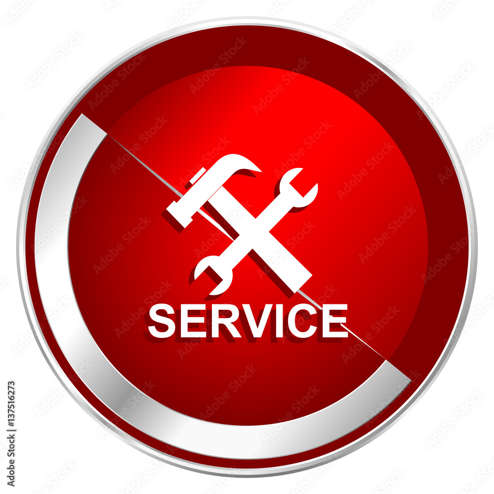 Service red web icon. Metal shine silver chrome border round button isolated on white background. Circle modern design abstract sign for smartphone applications. Service red web icon. Metal shine silver chrome border round button isolated on white background. Circle modern design abstract sign for smartphone applications.