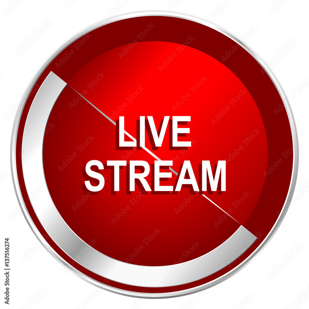 Live stream red web icon. Metal shine silver chrome border round button isolated on white background. Circle modern design abstract sign for smartphone applications. Live stream red web icon. Metal shine silver chrome border round button isolated on white background. Circle modern design abstract sign for smartphone applications.