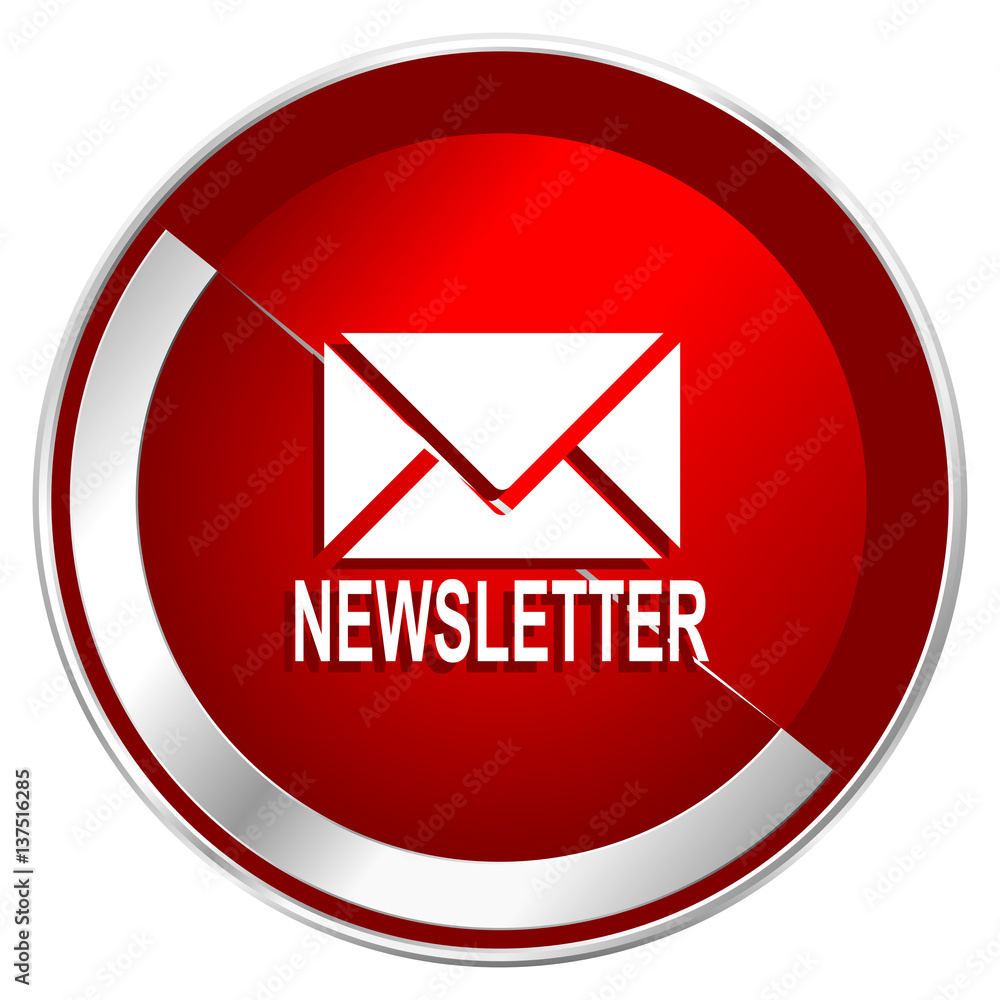 Newsletter red web icon. Metal shine silver chrome border round button isolated on white background. Circle modern design abstract sign for smartphone applications. Newsletter red web icon. Metal shine silver chrome border round button isolated on white background. Circle modern design abstract sign for smartphone applications.