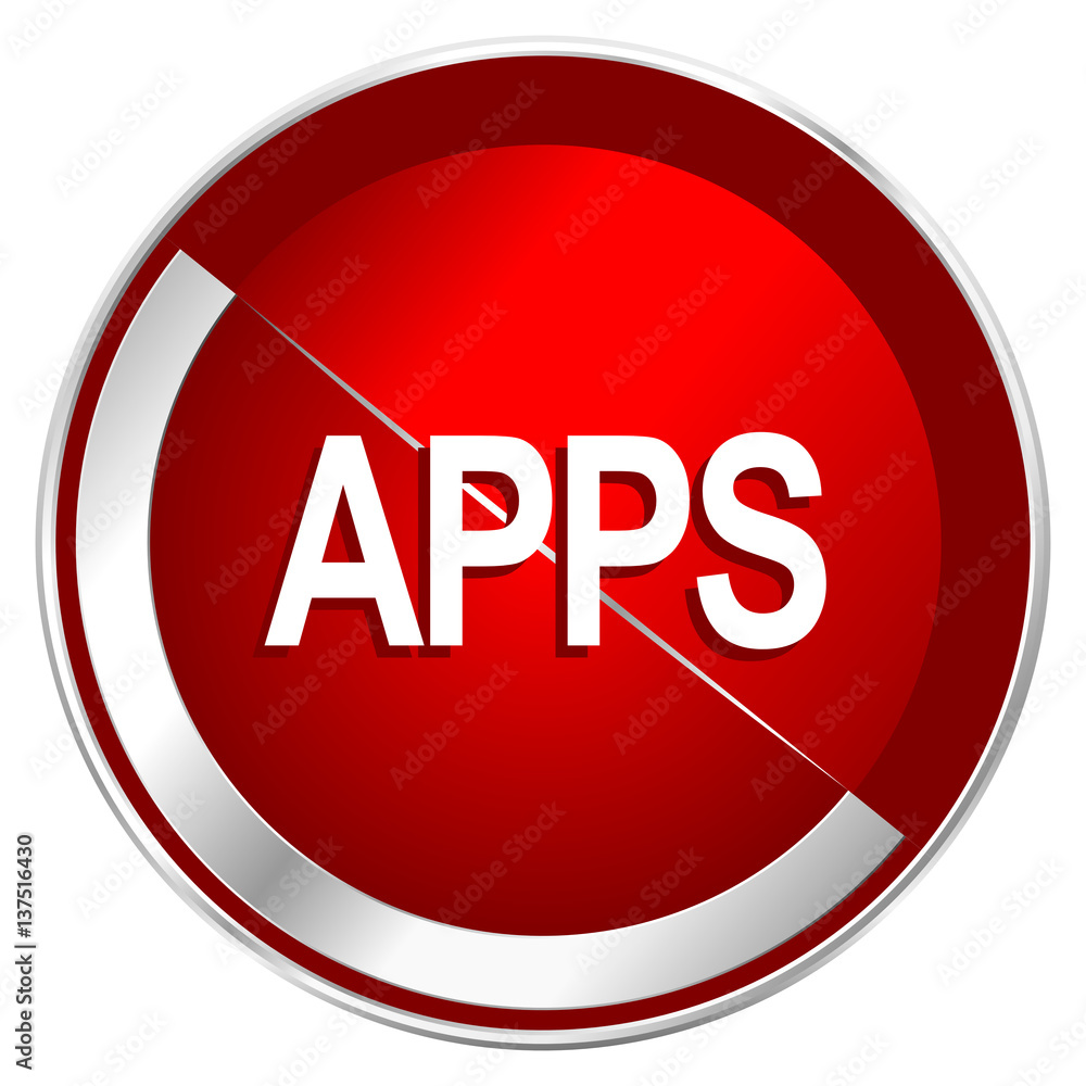 Apps red web icon. Metal shine silver chrome border round button isolated on white background. Circle modern design abstract sign for smartphone applications. Apps red web icon. Metal shine silver chrome border round button isolated on white background. Circle modern design abstract sign for smartphone applications.