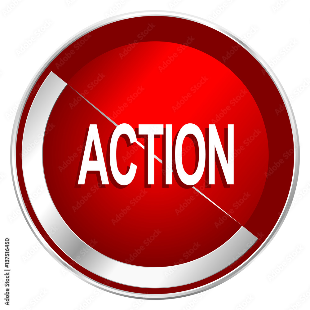 Action red web icon. Metal shine silver chrome border round button isolated on white background. Circle modern design abstract sign for smartphone applications. Action red web icon. Metal shine silver chrome border round button isolated on white background. Circle modern design abstract sign for smartphone applications.