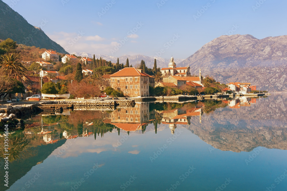 View of Bay of Kotor near Prcanj town on a sunny winter day.  Montenegro