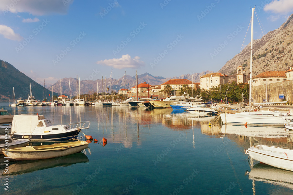 View of Boka Kotorska Bay near Kotor city on a sunny winter day. Montenegro