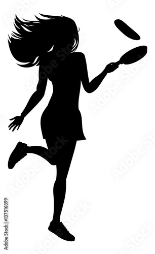 Young girl with long hair is cooking pancakes in a skillet. Vector clip art.