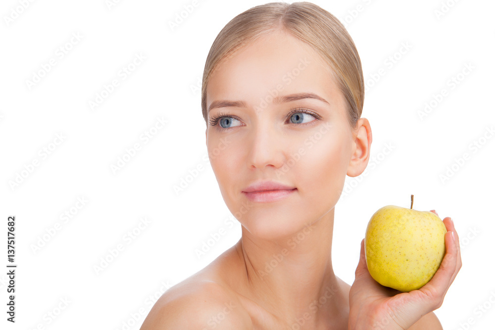 Beauty Woman face Portrait with apple. Skin Care Concept Isolated on a white background Beauty Woman face Portrait with apple. Skin Care Concept Isolated on a white background