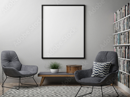 Blank poster, Scandinavian design interior, 3d illustration
