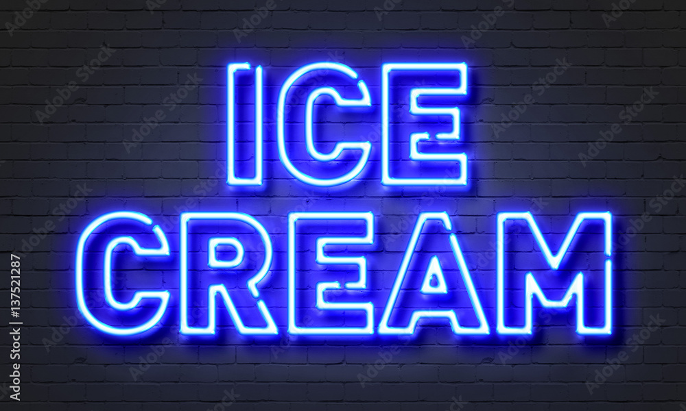 Ice cream neon sign on brick wall background.