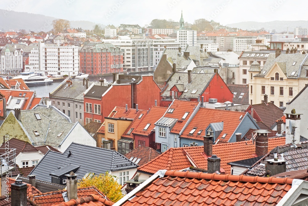 colorful traditional houses with red roof in Bergen, Norway