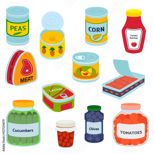 Collection of various tins canned goods food metal container grocery store and product, storage, aluminum flat label conserve vector illustration.