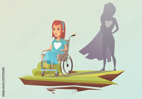 Disabled girl with a big heart like a superhero. Superhero shadow. Vector Illustration