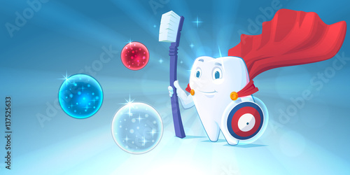 Superhero tooth holding a toothbrush, smiling