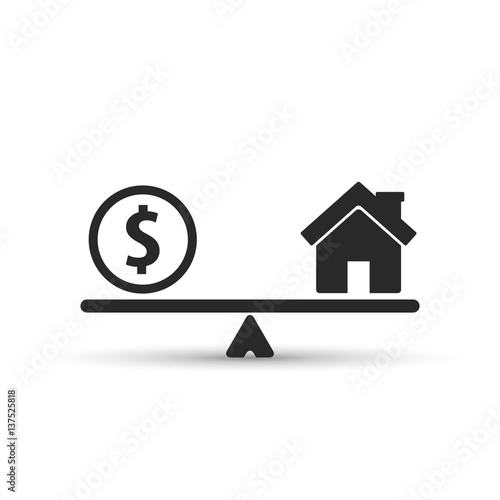 Money and house scales icon. Vector.