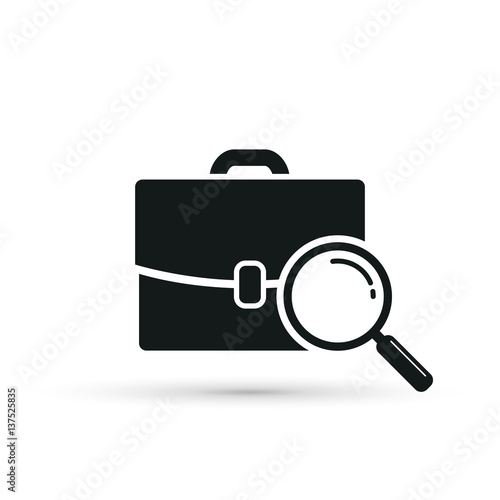Search job icon with magnifying glass and briefcase. Vector.