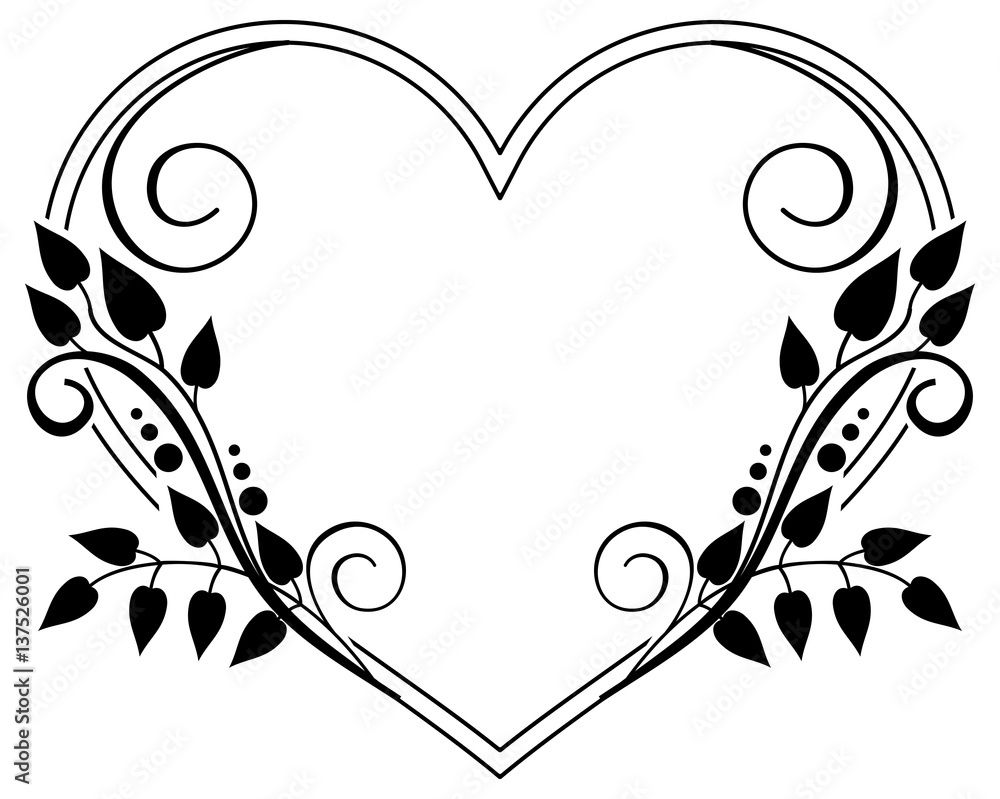 Heart-shaped Black and White Frame with Floral Silhouettes. Raster Clip  Art. Stock Illustration - Illustration of clipart, deco: 86419473