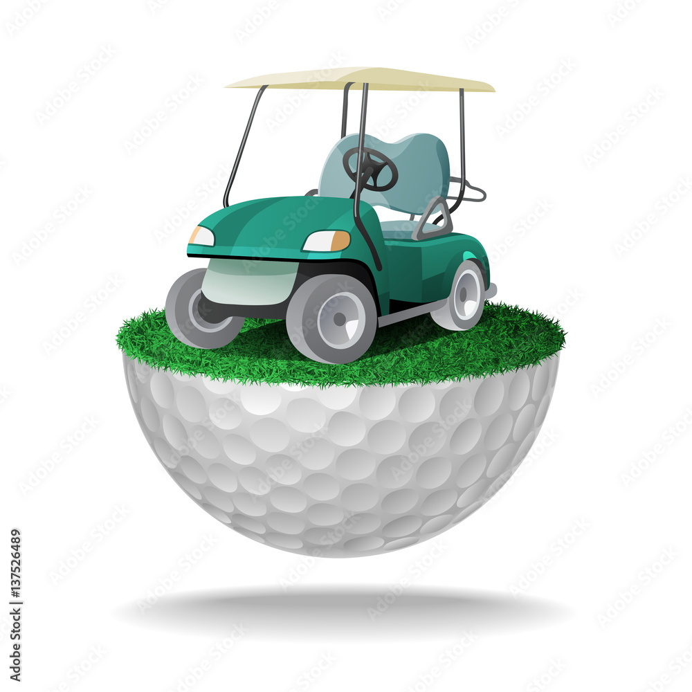 Golf cart on half golf ball with grass