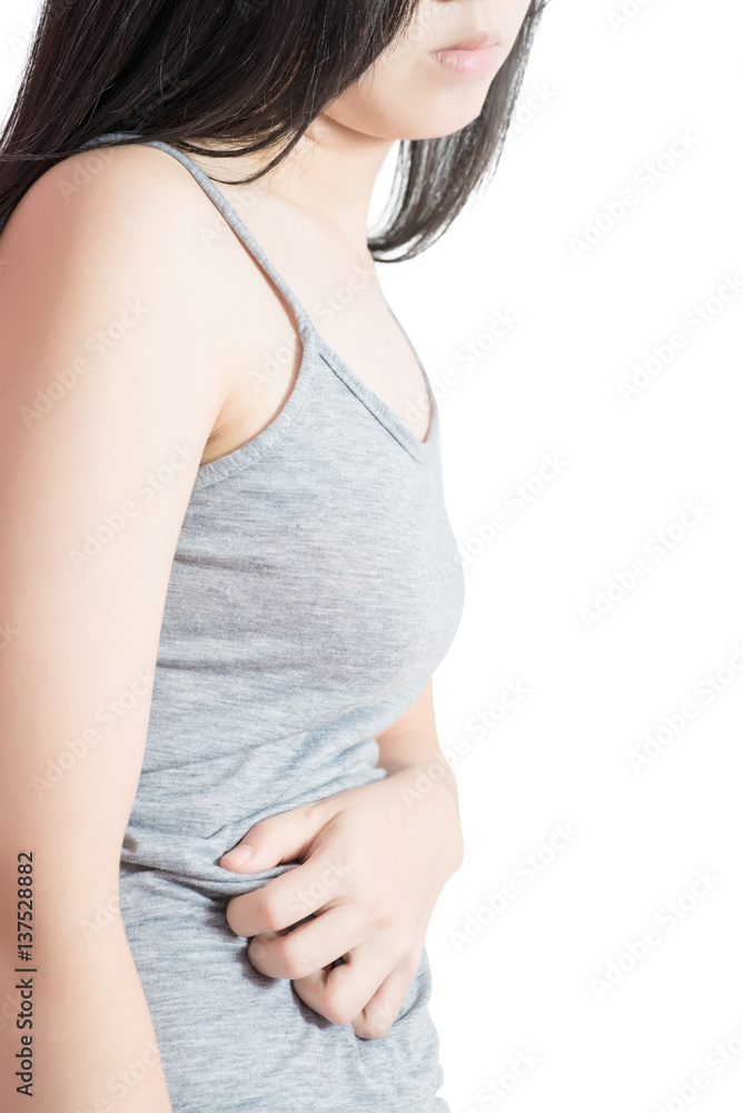 Stomachache in a woman isolated on white background. Clipping path on white background. Stomachache in a woman isolated on white background. Clipping path on white background.
