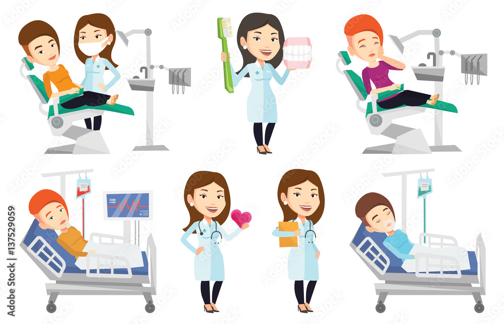 Vector set of doctor characters and patients.