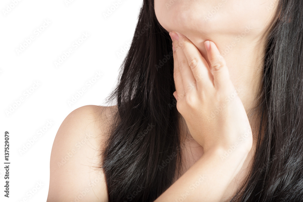 Acute pain and sore throat symptom in a woman isolated on white background. Clipping path on white background. Acute pain and sore throat symptom in a woman isolated on white background. Clipping path on white background.