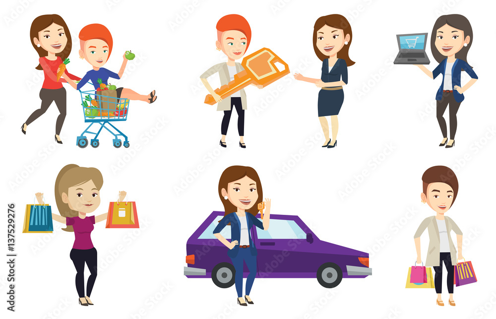 Vector set of shopping people characters. Vector set of shopping people characters.