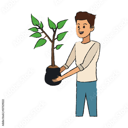 gardener man holding a plant in a pot over white background. colorful design. vector illustration