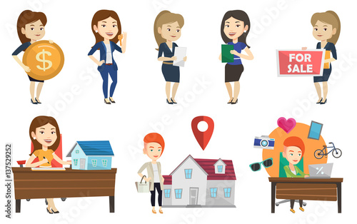 Vector set of real estate agents and house owners.