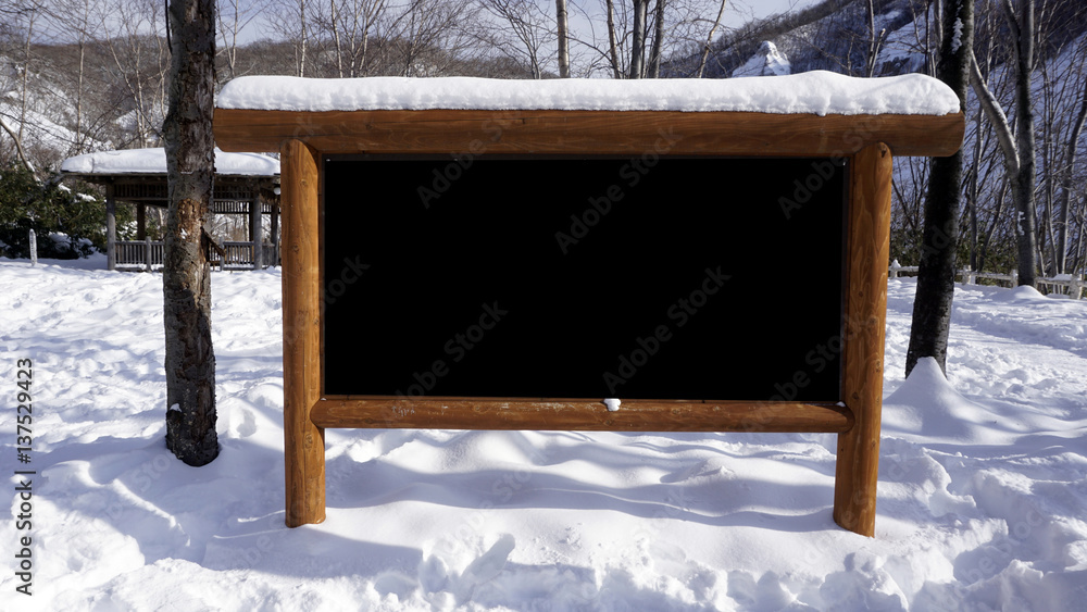 Fototapeta premium blank signage wood frame in the forest snow winter