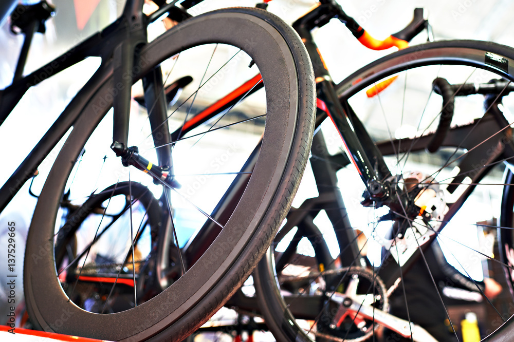 Racing bicycles in storefront in store. Racing bicycles in storefront in store.