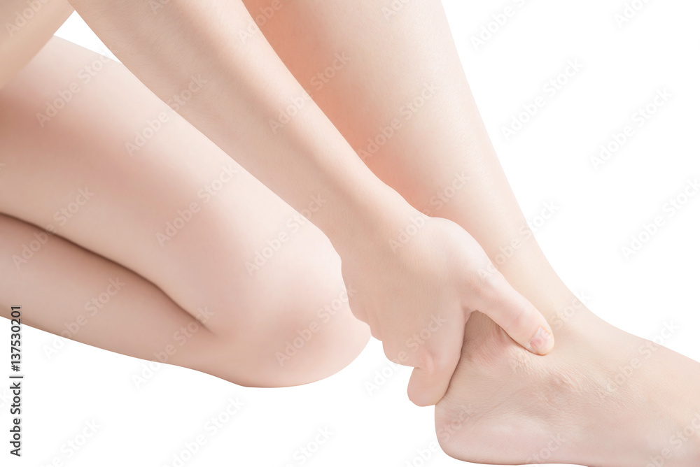 Acute pain in a woman ankle isolated on white background. Clipping path on white background. Acute pain in a woman ankle isolated on white background. Clipping path on white background.