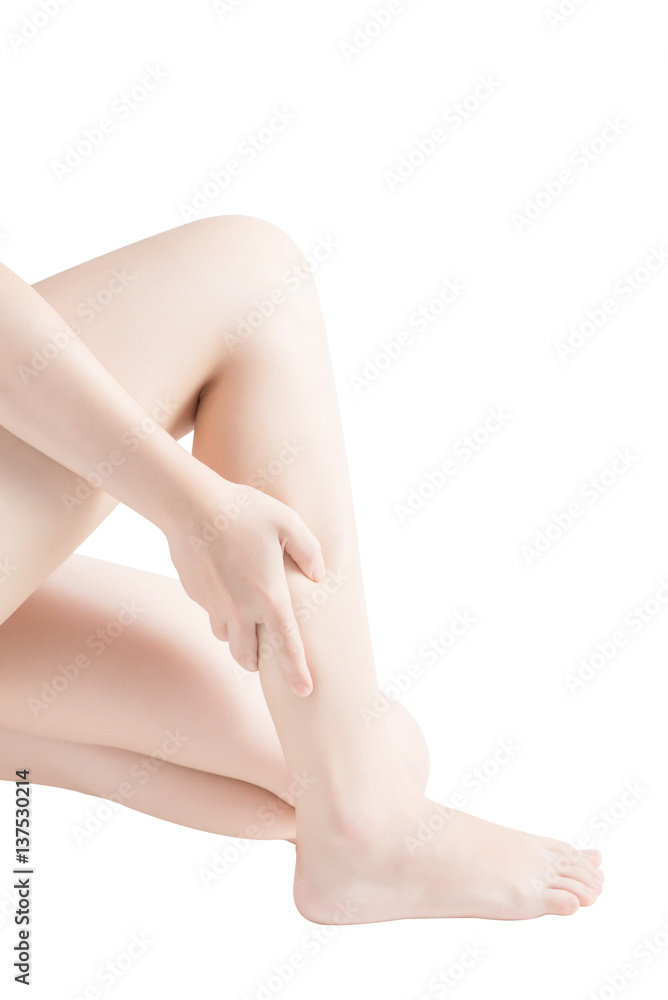 Acute pain in a woman calf leg isolated on white background. Clipping path on white background. Acute pain in a woman calf leg isolated on white background. Clipping path on white background.