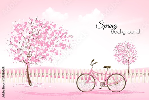 Beautiful spring nature background with a blossoming trees and bike. Vector.