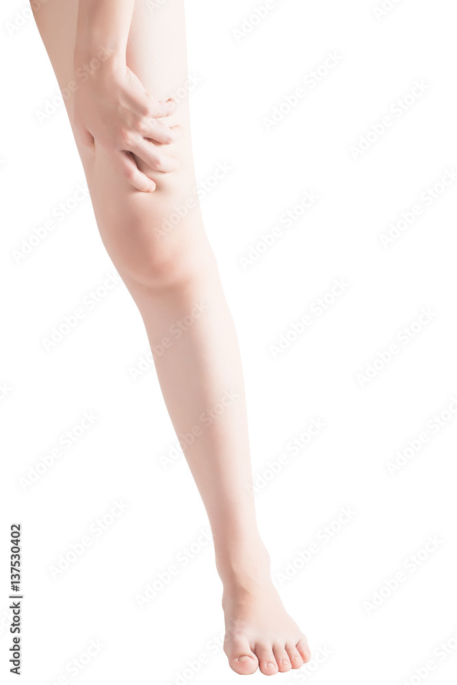Acute pain in a woman thigh isolated on white background. Clipping path on white background. Acute pain in a woman thigh isolated on white background. Clipping path on white background.