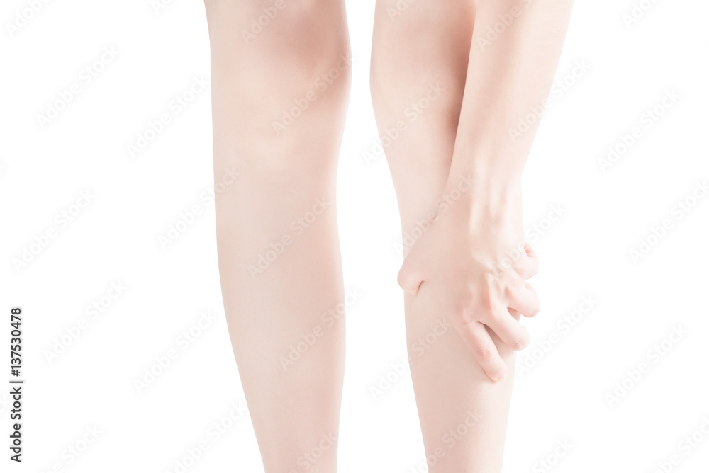 Acute pain in a woman shin isolated on white background. Clipping path on white background. Acute pain in a woman shin isolated on white background. Clipping path on white background.