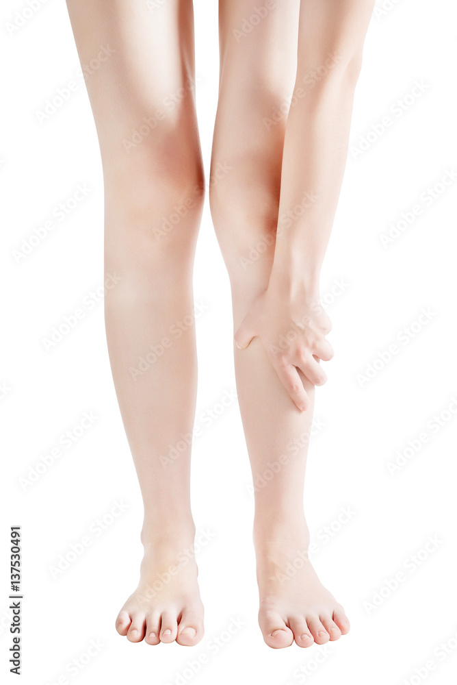 Acute pain in a woman shin isolated on white background. Clipping path on white background. Acute pain in a woman shin isolated on white background. Clipping path on white background.