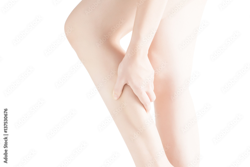 Acute pain in a woman calf leg isolated on white background. Clipping path on white background. Acute pain in a woman calf leg isolated on white background. Clipping path on white background.