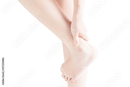 Acute pain in a woman  ankle isolated on white background. Clipping path on white background.