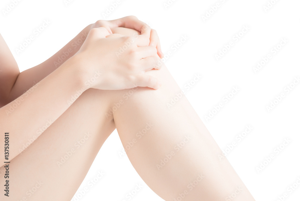 Acute pain in a woman knee isolated on white background. Clipping path on white background. Acute pain in a woman knee isolated on white background. Clipping path on white background.