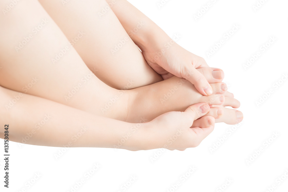 Acute pain in a woman feet isolated on white background. Clipping path on white background.