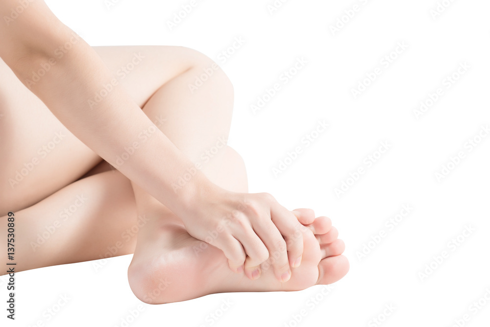 Acute pain in a woman feet isolated on white background. Clipping path on white background. Acute pain in a woman feet isolated on white background. Clipping path on white background.