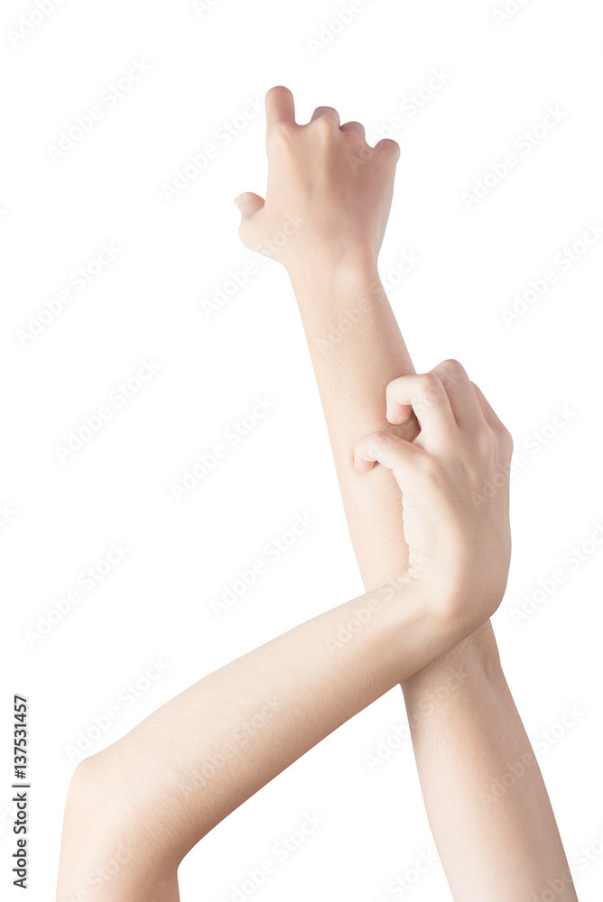 Scratching her arm in a woman isolated on white background. Clipping path on white background. Scratching her arm in a woman isolated on white background. Clipping path on white background.