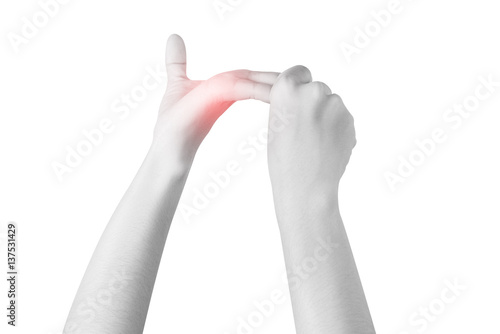 Acute pain in a woman finger isolated on white background. Clipping path on white background. © chatchai