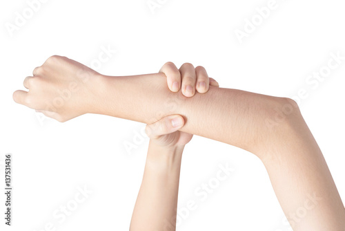 Acute pain in a woman arm isolated on white background. Clipping path on white background. © chatchai